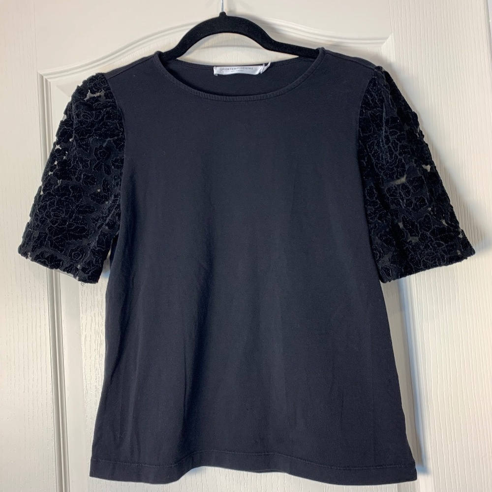 CONTEMPORAIRE SIMONS Black Top Velvet Floral‎ Sheer Sleeves XS Chic